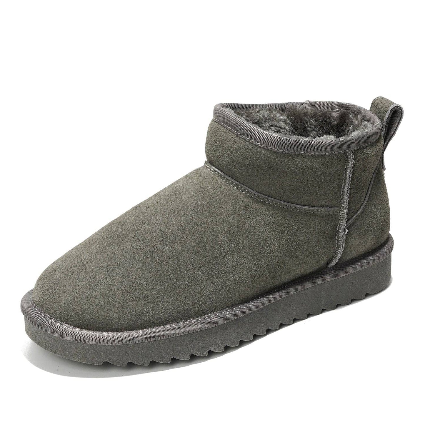 Gray suede hippy ankle boots for women, featuring water-resistant design, faux fur lining, and memory foam insole.