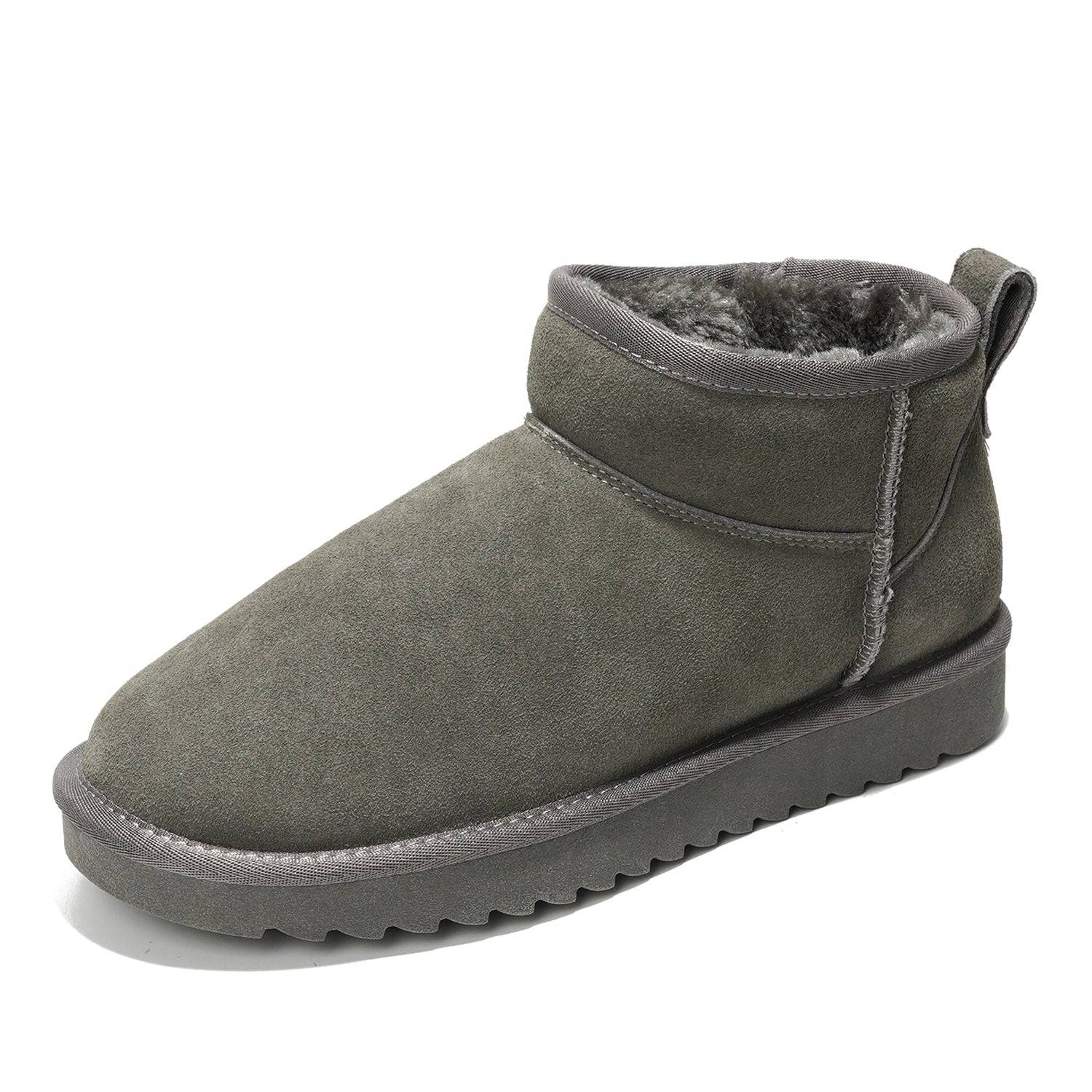Gray suede hippy ankle boots for women, featuring water-resistant design, faux fur lining, and memory foam insole.